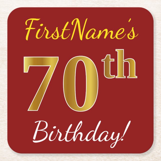 Red, Faux Gold 70th Birthday + Custom Name Square Paper Coaster (Front)