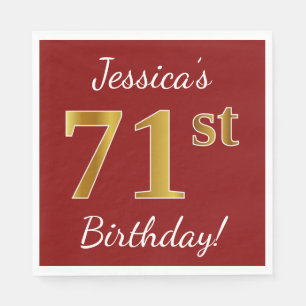 Red, Faux Gold 71st Birthday + Custom Name Napkin