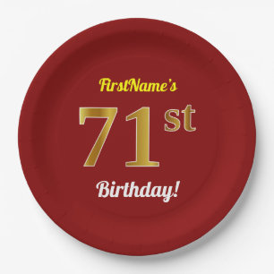 Red, Faux Gold 71st Birthday + Custom Name Paper Plate