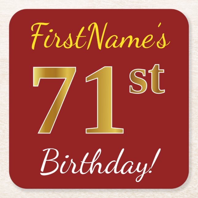 Red, Faux Gold 71st Birthday + Custom Name Square Paper Coaster (Front)