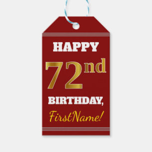 Red, Faux Gold 72nd Birthday + Custom Name Gift Tags