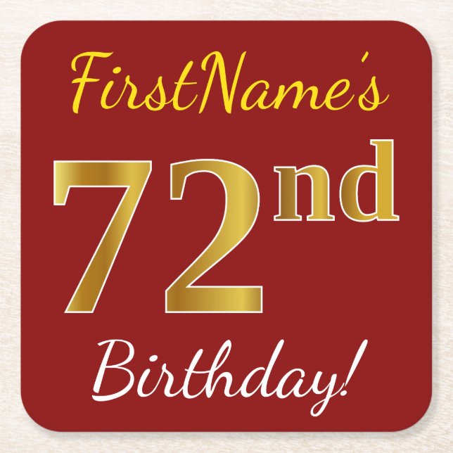 Red, Faux Gold 72nd Birthday + Custom Name Square Paper Coaster (Front)