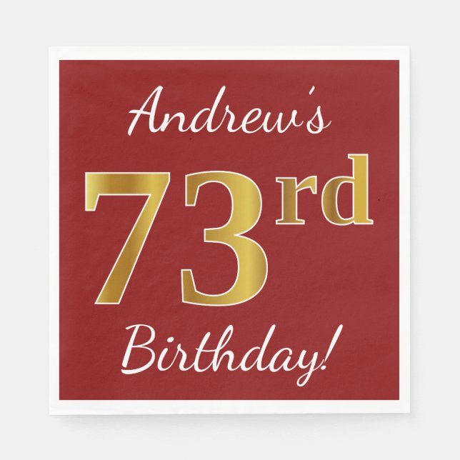 Red, Faux Gold 73rd Birthday + Custom Name Napkin (Front)