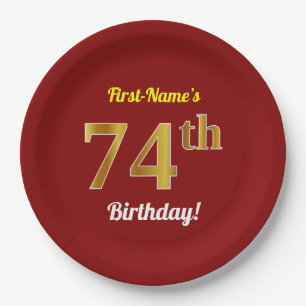 Red, Faux Gold 74th Birthday + Custom Name Paper Plate