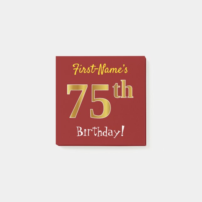 Red, Faux Gold 75th Birthday, With Custom Name Post-it Notes (Front)
