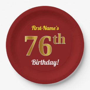 Red, Faux Gold 76th Birthday + Custom Name Paper Plate