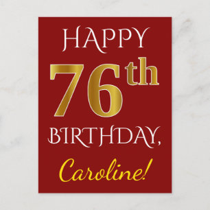 Red, Faux Gold 76th Birthday + Custom Name Postcard