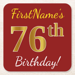 Red, Faux Gold 76th Birthday + Custom Name Square Paper Coaster