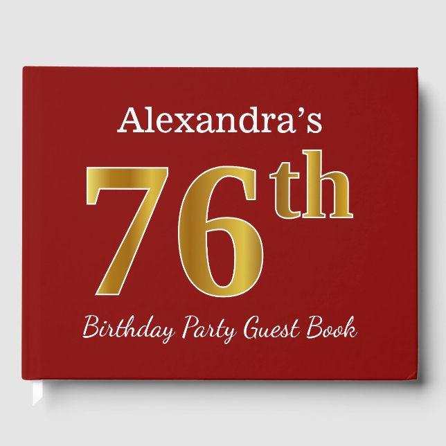 Red, Faux Gold 76th Birthday Party + Custom Name Guest Book (Front)