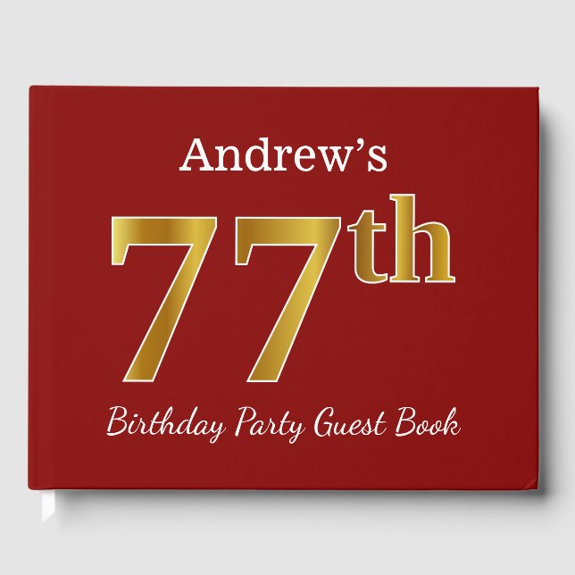 Red, Faux Gold 77th Birthday Party + Custom Name Guest Book (Front)