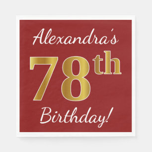 Red, Faux Gold 78th Birthday + Custom Name Napkin