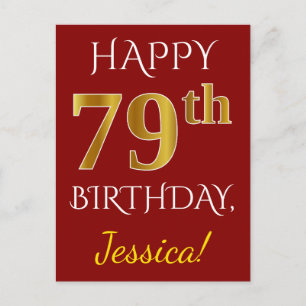 Red, Faux Gold 79th Birthday + Custom Name Postcard
