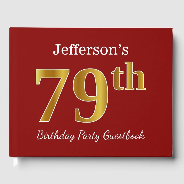 Red, Faux Gold 79th Birthday Party + Custom Name Guest Book (Front)