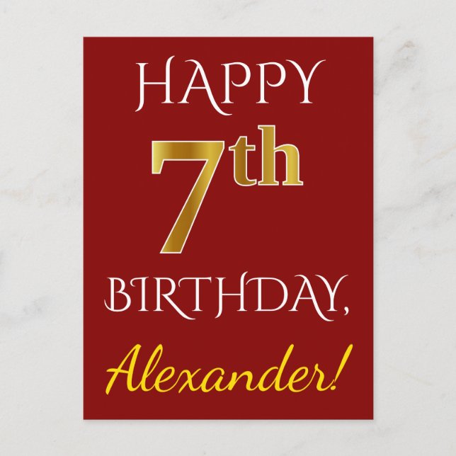 Red, Faux Gold 7th Birthday + Custom Name Postcard (Front)
