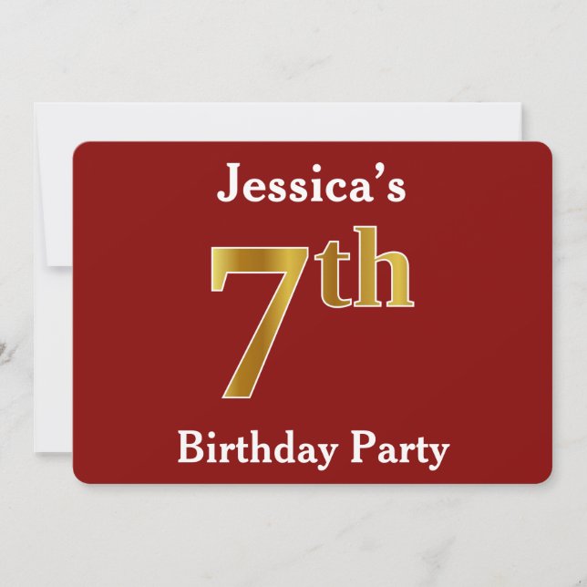 Red, Faux Gold 7th Birthday Party + Custom Name Invitation (Front)