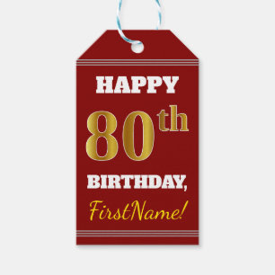 Red, Faux Gold 80th Birthday + Custom Name Gift Tags