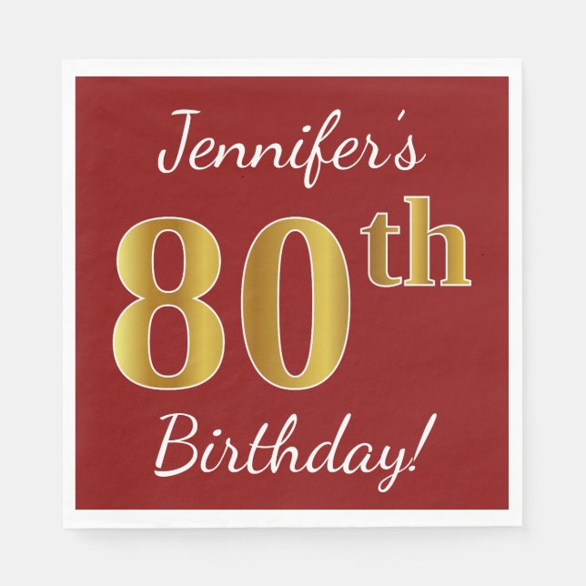 Red, Faux Gold 80th Birthday + Custom Name Napkin (Front)