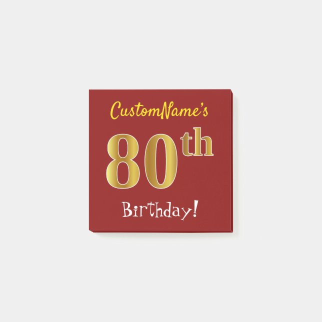 Red, Faux Gold 80th Birthday, With Custom Name Post-it Notes (Front)
