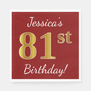Red, Faux Gold 81st Birthday + Custom Name Napkin