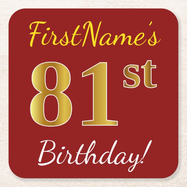 Red, Faux Gold 81st Birthday + Custom Name Square Paper Coaster (Front)