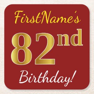 Red, Faux Gold 82nd Birthday + Custom Name Square Paper Coaster