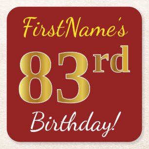 Red, Faux Gold 83rd Birthday + Custom Name Square Paper Coaster