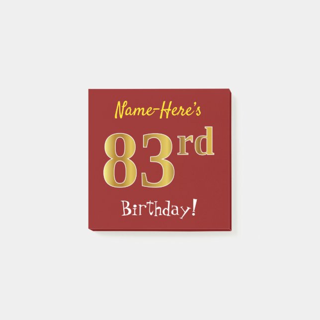Red, Faux Gold 83rd Birthday, With Custom Name Post-it Notes (Front)
