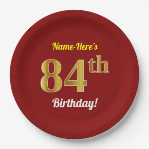 Red, Faux Gold 84th Birthday + Custom Name Paper Plate