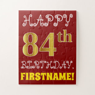 Red, Faux Gold 84th Birthday + Custom Name Puzzle