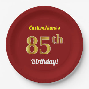 Red, Faux Gold 85th Birthday + Custom Name Paper Plate