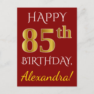 Red, Faux Gold 85th Birthday + Custom Name Postcard