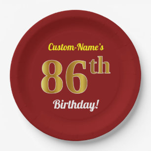 Red, Faux Gold 86th Birthday + Custom Name Paper Plate