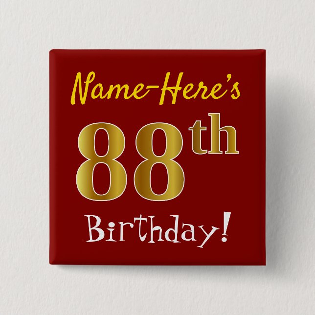 Red, Faux Gold 88th Birthday, With Custom Name 15 Cm Square Badge (Front)