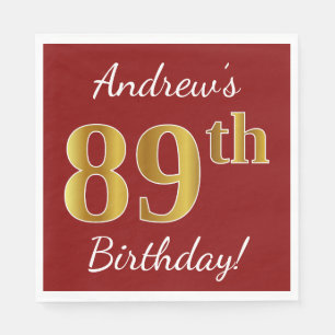 Red, Faux Gold 89th Birthday + Custom Name Napkin