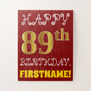 Red, Faux Gold 89th Birthday + Custom Name Puzzle