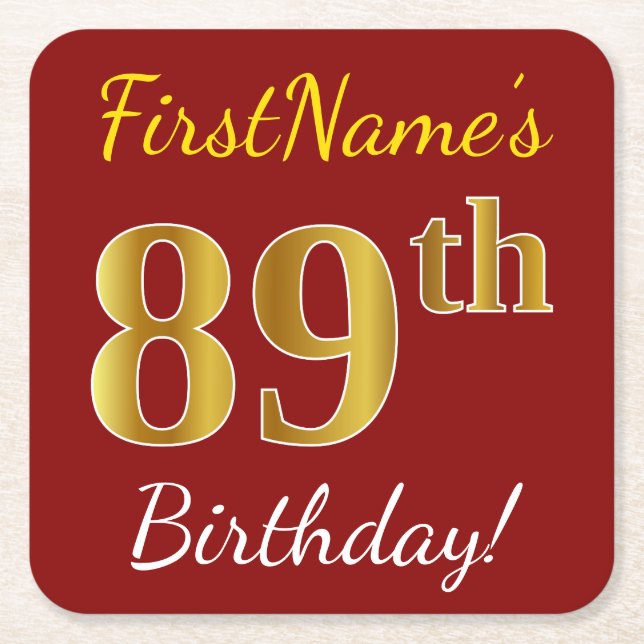 Red, Faux Gold 89th Birthday + Custom Name Square Paper Coaster (Front)