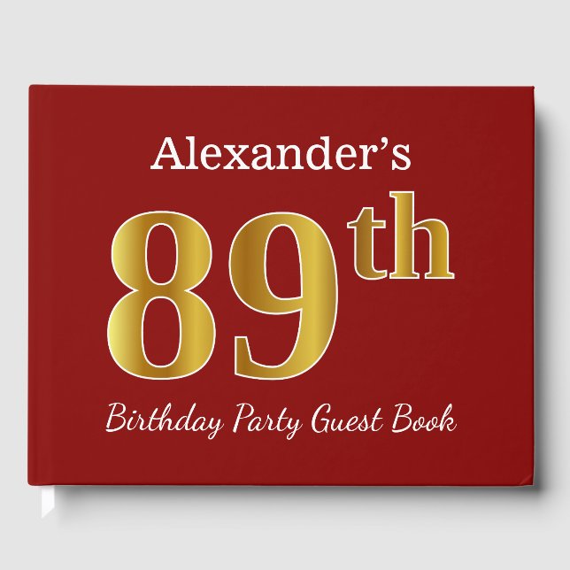 Red, Faux Gold 89th Birthday Party + Custom Name Guest Book (Front)
