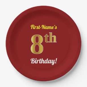 Red, Faux Gold 8th Birthday + Custom Name Paper Plate
