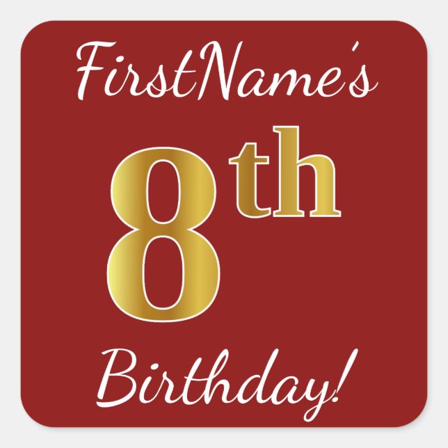 Red, Faux Gold 8th Birthday + Custom Name Sticker (Front)