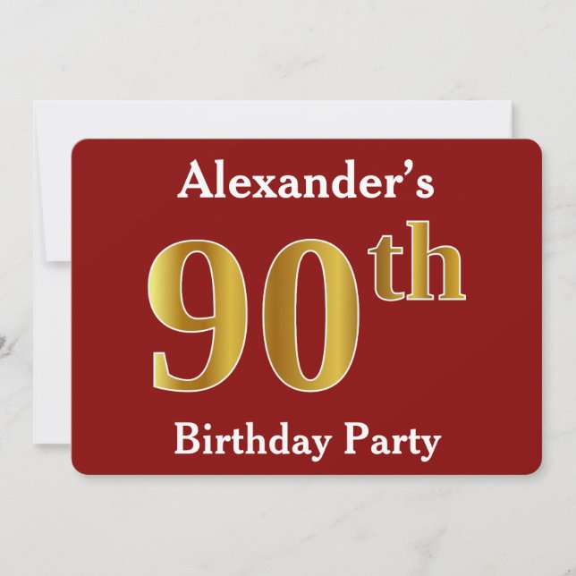 Red, Faux Gold 90th Birthday Party + Custom Name Invitation (Front)