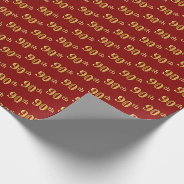 Red, Faux Gold 90th (Ninetieth) Event Wrapping Paper (Corner)