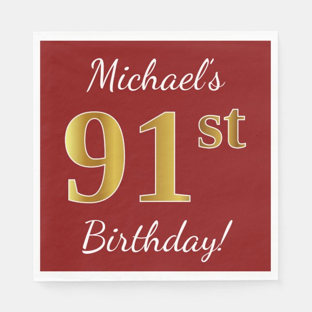 Red, Faux Gold 91st Birthday + Custom Name Napkin (Front)