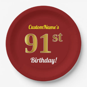 Red, Faux Gold 91st Birthday + Custom Name Paper Plate