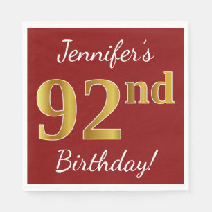 Red, Faux Gold 92nd Birthday + Custom Name Napkin