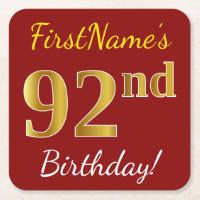 Red, Faux Gold 92nd Birthday + Custom Name