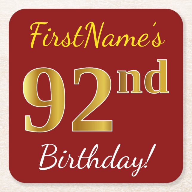 Red, Faux Gold 92nd Birthday + Custom Name Square Paper Coaster (Front)