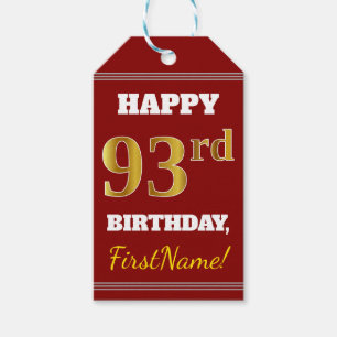 Red, Faux Gold 93rd Birthday + Custom Name Gift Tags