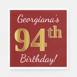 Red, Faux Gold 94th Birthday + Custom Name Napkin