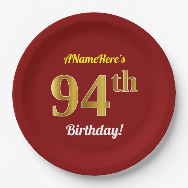 Red, Faux Gold 94th Birthday + Custom Name Paper Plate (Front)