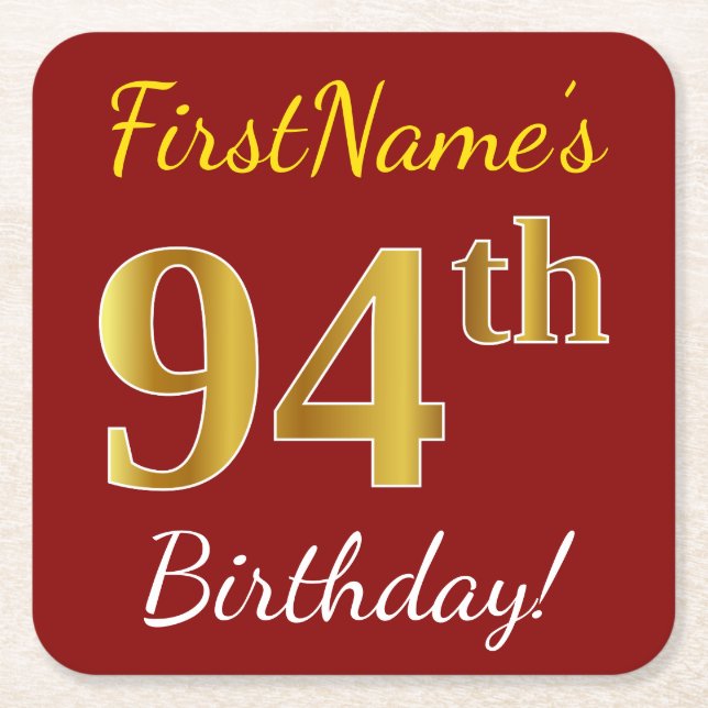 Red, Faux Gold 94th Birthday + Custom Name Square Paper Coaster (Front)